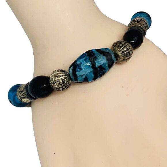 Vintage Blue Glass 925 Sterling Silver Bracelet 8" Toggle Clasp Signed - Picture 4 of 11